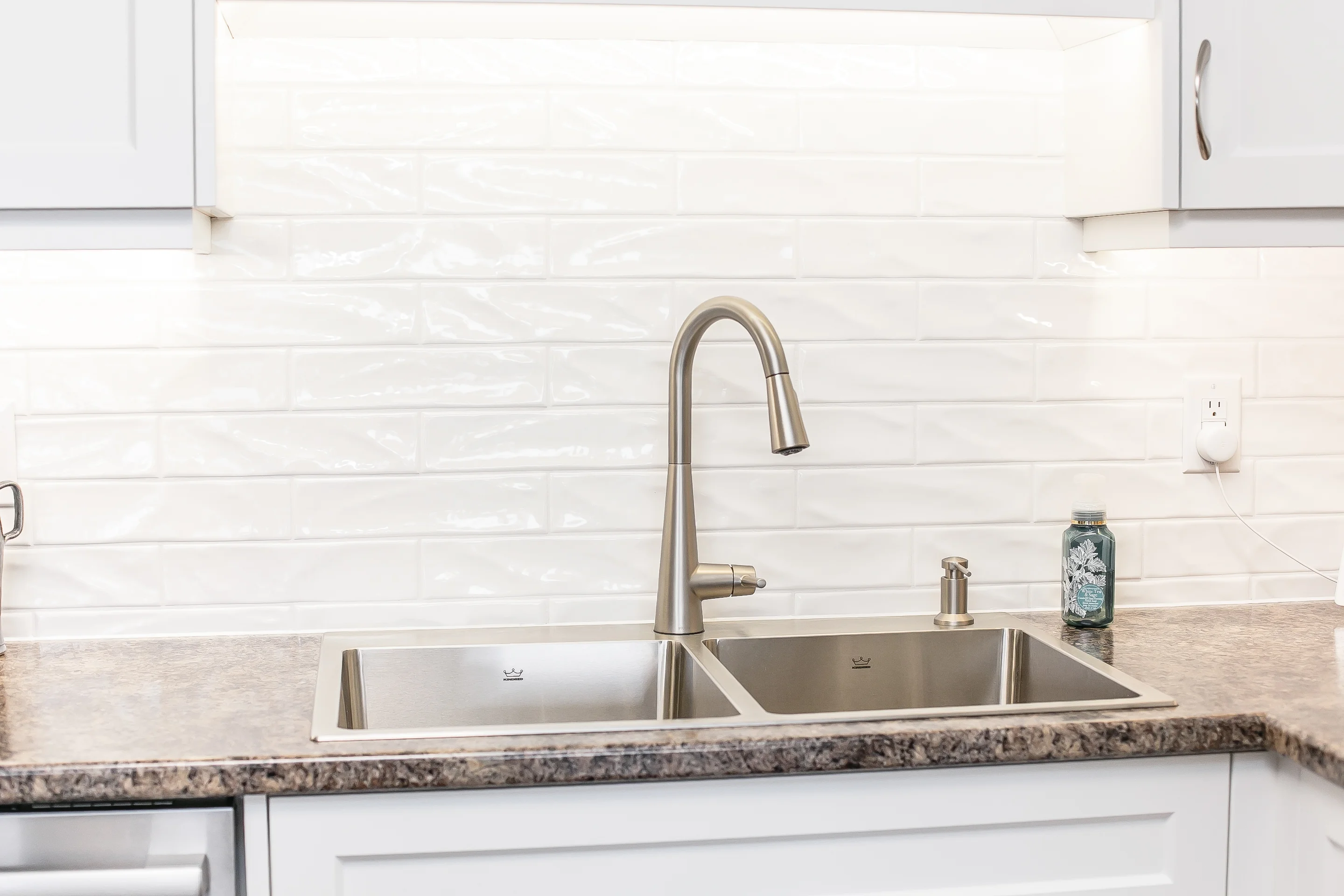 Kitchen Subway tile backsplash and stainless steel sink